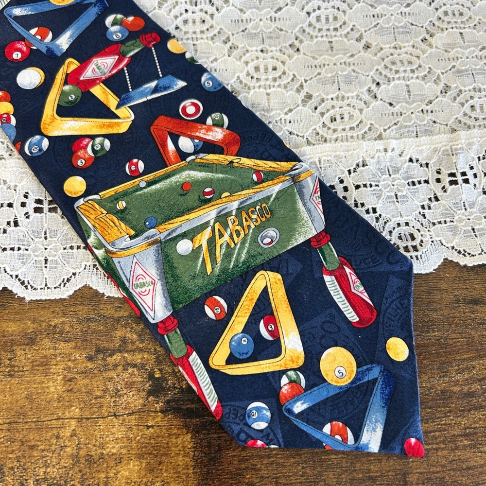 Tabasco Mens Billiards Pool Table Silk Necktie Navy Blue Novelty Made in USA